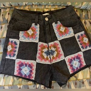 POL Black Jean Shorts with Crochet Patchwork